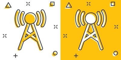 icono de torre de antena en estilo cómico. Ilustración de vector de dibujos animados de difusión sobre fondo blanco aislado. concepto de negocio de efecto de salpicadura wifi.