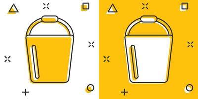 icono de cubo en estilo cómico. Ilustración de vector de dibujos animados de bote de basura sobre fondo blanco aislado. concepto de negocio de efecto de salpicadura de cubo.