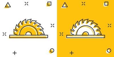 Saw blade icon in comic style. Circular machine cartoon vector illustration on white isolated background. Rotary disc splash effect business concept.