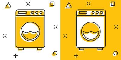 Washing machine icon in comic style. Washer cartoon vector illustration on white isolated background. Laundry splash effect business concept.