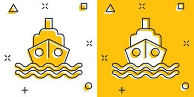 icono de barco de turismo en estilo cómico. ilustración de vector de dibujos animados de barco de pesca sobre fondo blanco aislado. concepto de negocio de efecto de salpicadura de destino de petrolero.