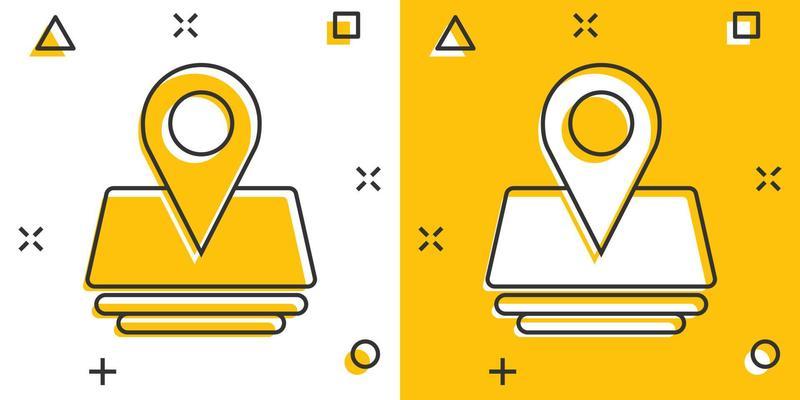 Map pin icon in comic style. Gps navigation cartoon vector illustration on white isolated background. Locate position splash effect business concept.