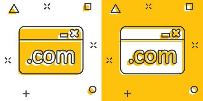 Website domain icon in comic style. Com internet address cartoon vector illustration on white isolated background. Server splash effect business concept.