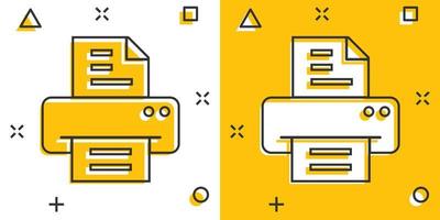 icono de impresora de oficina en estilo cómico. ilustración vectorial de dibujos animados de fax sobre fondo blanco aislado. concepto de negocio de efecto de salpicadura de impresión de texto. vector