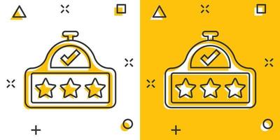 Rating result icon in comic style. Clock with stars cartoon vector illustration on white isolated background. Satisfaction splash effect business concept.