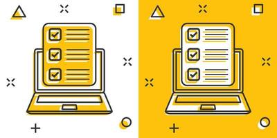 icono de la computadora portátil del cuestionario en estilo cómico. ilustración de dibujos animados de vector de encuesta en línea sobre fondo blanco aislado. concepto de negocio de efecto de salpicadura de informe de lista de verificación.