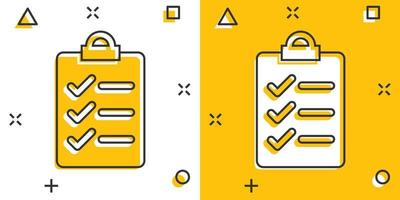To do list icon in comic style. Document checklist cartoon vector illustration on white isolated background. Notepad check mark splash effect business concept.