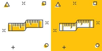 Measure tape icon in comic style. Ruler cartoon sign vector illustration on white isolated background. Meter splash effect business concept.