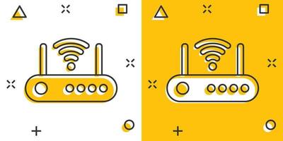 icono de enrutador wifi en estilo cómico. ilustración vectorial de dibujos animados de banda ancha sobre fondo blanco aislado. concepto de negocio de efecto de salpicadura de conexión a Internet. vector