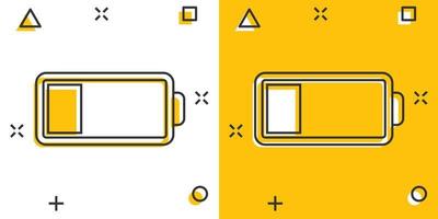 icono de carga de batería en estilo cómico. ilustración de vector de dibujos animados de nivel de potencia sobre fondo blanco aislado. concepto de negocio de efecto de salpicadura de acumulador de litio.