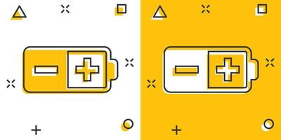 icono de carga de batería en estilo cómico. ilustración de vector de dibujos animados de nivel de potencia sobre fondo blanco aislado. concepto de negocio de efecto de salpicadura de acumulador de litio.