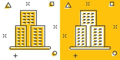 Building icon in comic style. Town skyscraper apartment cartoon vector illustration on white isolated background. City tower splash effect business concept.