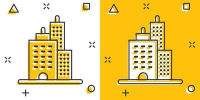 Building icon in comic style. Town skyscraper apartment cartoon vector illustration on white isolated background. City tower splash effect business concept.