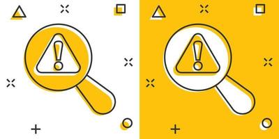 Risk analysis icon in comic style. Exclamation magnifier cartoon vector illustration on white isolated background. Attention splash effect business concept.