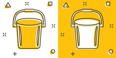 Bucket icon in comic style. Garbage pot cartoon vector illustration on white isolated background. Pail splash effect business concept.