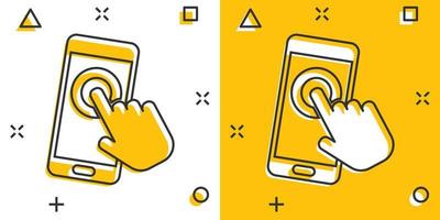 toque el icono del teléfono inteligente con la mano en estilo cómico. ilustración de dibujos animados de vector de dedo de teléfono sobre fondo blanco aislado. efecto de salpicadura de concepto de negocio de pantalla táctil de cursor.