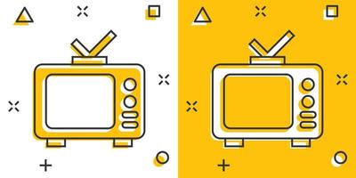 icono de tv en estilo cómico. ilustración de vector de signo de dibujos animados de televisión sobre fondo blanco aislado. concepto de negocio de efecto de salpicadura de canal de video.