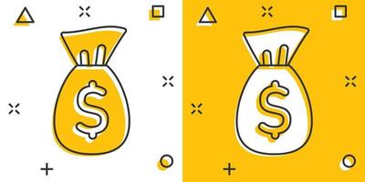 Money bag icon in comic style. Moneybag with dollar cartoon vector illustration on white isolated background. Cash sack splash effect business concept.