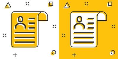 Resume icon in comic style. Contract document cartoon vector illustration on white isolated background. Paper notepad splash effect business concept.