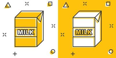 Milk icon in comic style. Milkshake vector illustration on white isolated background. Container splash effect business concept.