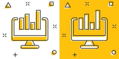 icono de análisis de sitios web en estilo cómico. ilustración vectorial de dibujos animados de datos seo sobre fondo blanco aislado. concepto de negocio de efecto de salpicadura de diagrama de computadora. vector