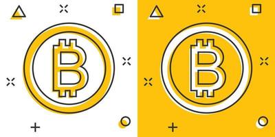 icono de bitcoin en estilo cómico. ilustración vectorial de dibujos animados de blockchain sobre fondo blanco aislado. concepto de negocio de efecto de salpicadura de criptomoneda. vector