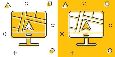 icono de navegación de la computadora en estilo cómico. monitor pin gps ilustración vectorial de dibujos animados sobre fondo blanco aislado. concepto de negocio de efecto de salpicadura de ubicación de área de la ciudad. vector