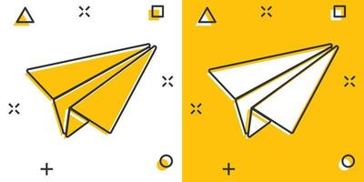 Paper airplane icon in comic style. Plane vector cartoon illustration on white isolated background. Air flight business concept splash effect.