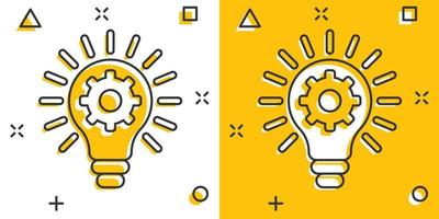 Innovation icon in comic style. Lightbulb with cogwheel cartoon vector illustration on white isolated background. Idea splash effect business concept.