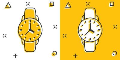 Wrist watch icon in comic style. Hand clock cartoon vector illustration on white isolated background. Time bracelet splash effect business concept.