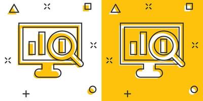 icono de análisis de sitios web en estilo cómico. ilustración vectorial de dibujos animados de datos seo sobre fondo blanco aislado. concepto de negocio de efecto de salpicadura de diagrama de computadora. vector