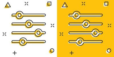 icono de volumen de control en estilo cómico. Ilustración de vector de signo de dibujos animados de ajuste de audio sobre fondo blanco aislado. concepto de negocio de efecto de salpicadura de filtro.