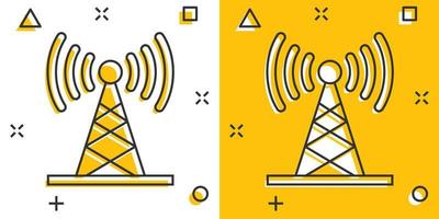 Antenna tower icon in comic style. Broadcasting cartoon vector illustration on white isolated background. Wifi splash effect business concept.