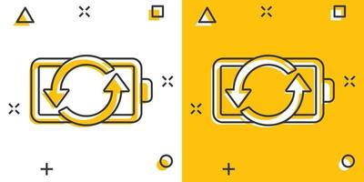 icono de carga de batería en estilo cómico. ilustración de vector de dibujos animados de nivel de potencia sobre fondo blanco aislado. concepto de negocio de efecto de salpicadura de acumulador de litio.