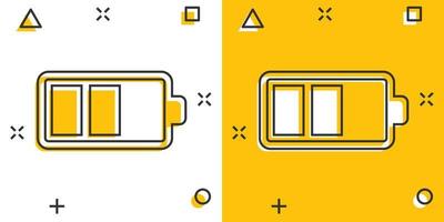 icono de carga de batería en estilo cómico. ilustración de vector de dibujos animados de nivel de potencia sobre fondo blanco aislado. concepto de negocio de efecto de salpicadura de acumulador de litio.