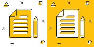 nota de documento con icono de pluma en estilo cómico. ilustración de vector de dibujos animados de lápiz de hoja de papel sobre fondo blanco. concepto de negocio de efecto de salpicadura de documento de bloc de notas.