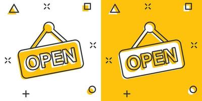 Open sign icon in comic style. Accessibility cartoon vector illustration on white isolated background. Message splash effect business concept.