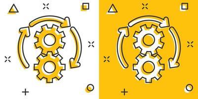 icono de flujo de trabajo en estilo cómico. Ilustración de vector de dibujos animados eficaz de engranaje sobre fondo blanco aislado. concepto de negocio de efecto de salpicadura de organización de procesos.