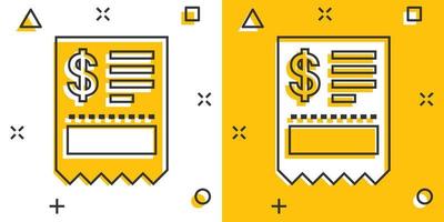 icono de cheque de dinero en estilo cómico. Ilustración de vector de dibujos animados de chequera sobre fondo blanco aislado. concepto de negocio de efecto de salpicadura de bono de finanzas.