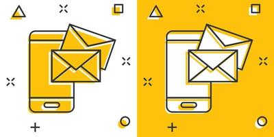 Message on smartphone icon in comic style. Mail with phone cartoon vector illustration on white isolated background. Envelope splash effect business concept.