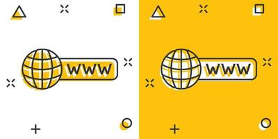 Global search icon in comic style. Website address cartoon vector illustration on white isolated background. WWW network splash effect business concept.