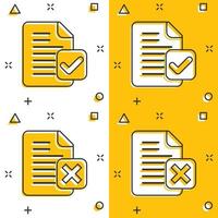 Document accepted and damaged icon in comic style. Correct, broken cartoon vector illustration on white isolated background. Check message splash effect business concept.