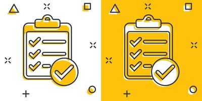 To do list icon in comic style. Document checklist cartoon vector illustration on white isolated background. Notepad check mark splash effect business concept.
