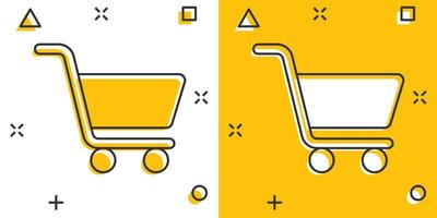 Shopping cart icon in comic style. Trolley cartoon vector illustration on white isolated background. Basket splash effect business concept.