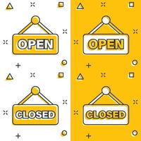 Open, closed sign icon in comic style. Accessibility cartoon vector illustration on white isolated background. Message splash effect business concept.