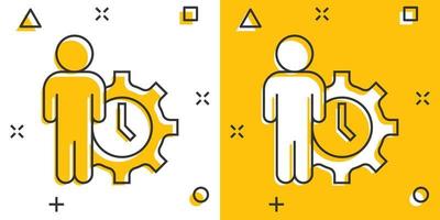 People and clock icon in comic style. Gear with user cartoon vector illustration on white isolated background. Businessman splash effect business concept.