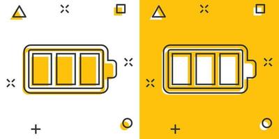 Battery charge icon in comic style. Power level cartoon vector illustration on white isolated background. Lithium accumulator splash effect business concept.