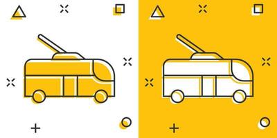 icono de trolebús en estilo cómico. Ilustración de vector de dibujos animados de trolebús sobre fondo blanco aislado. concepto de negocio de efecto de salpicadura de vehículo autobus.