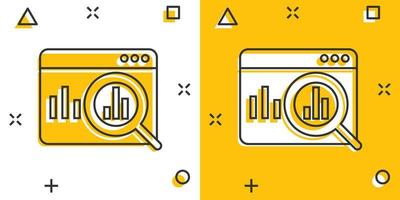Market trend icon in comic style. Growth arrow with magnifier cartoon vector illustration on white isolated background. Increase splash effect business concept.