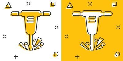 Jackhammer icon in comic style. Demolish package vector illustration on white isolated background. Destroy splash effect business concept.